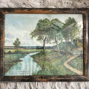 Vintage Landscape Watercolor With Quote Unsigned Wooden Frame Very Old Rustic